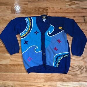 Vintage Cardigan Womens Size Medium Knit Ocean Waves Beach Pronto Gold